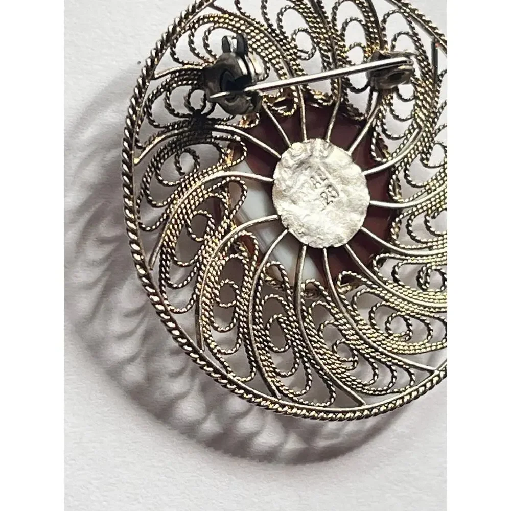 Vintage Sterling Silver Circular Filigree Brooch Made In Israel